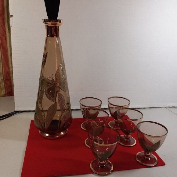 Vintage Amber Glass Decanter and 6 Cordial Glasses - Picture 1 of 12